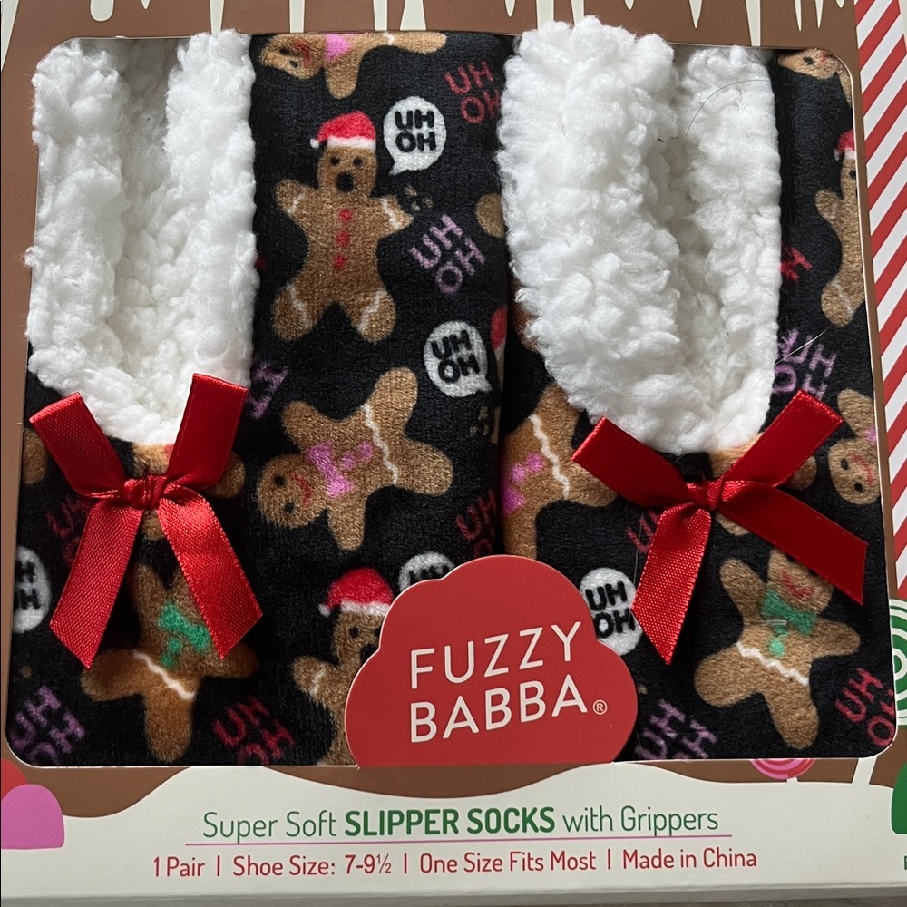 🆕Fuzzy Babba Women’s Slipper Socks with Grippers Gingerbread Man She Size 7-9.5